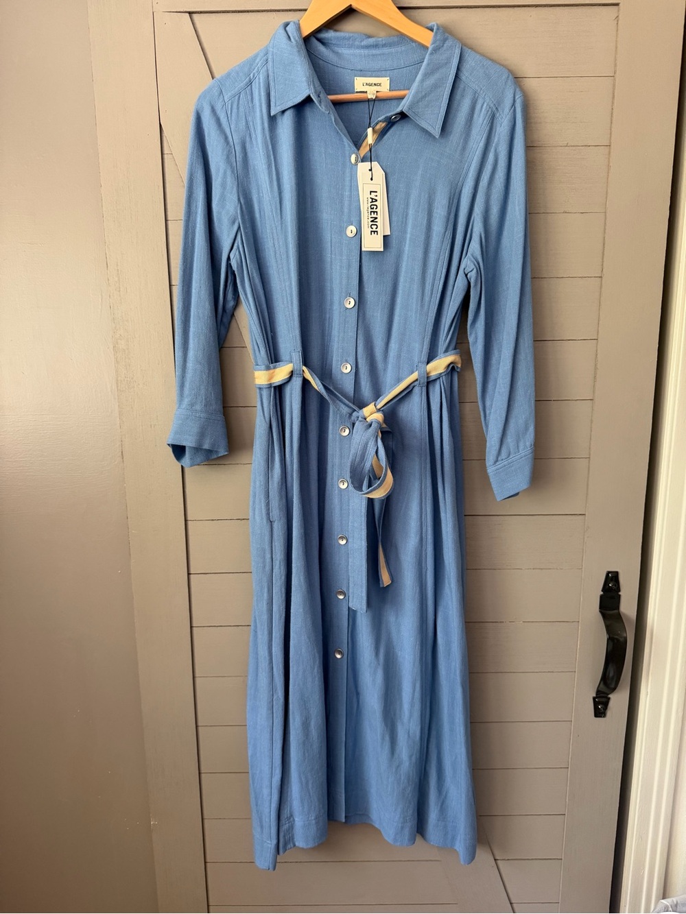 L'AGENCE Light Blue Button-Front Maxi Shirt Dress with Contrast Trim Linen Blend
